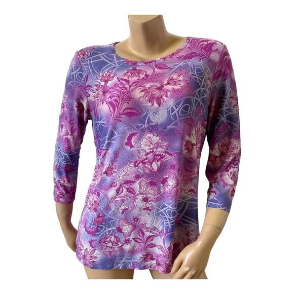 JM COLLECTION Womens Size Medium 3/4 Sleeve Boho Floral Print Scoop Neck Shirt - Picture 1 of 6